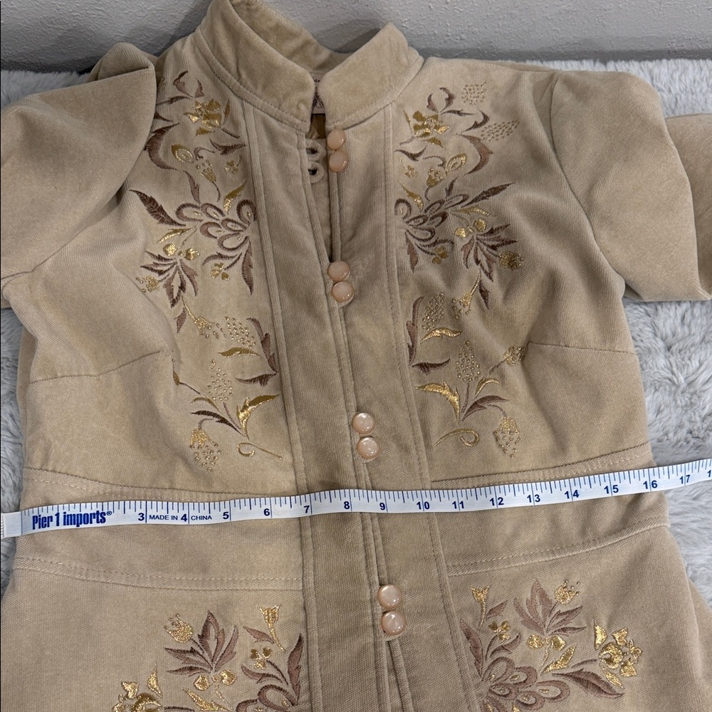 Anthropologie Elevenses Embroidered Coat 8 Tan Velvet Corduroy Vintage Romantic - Picture 15 of 17